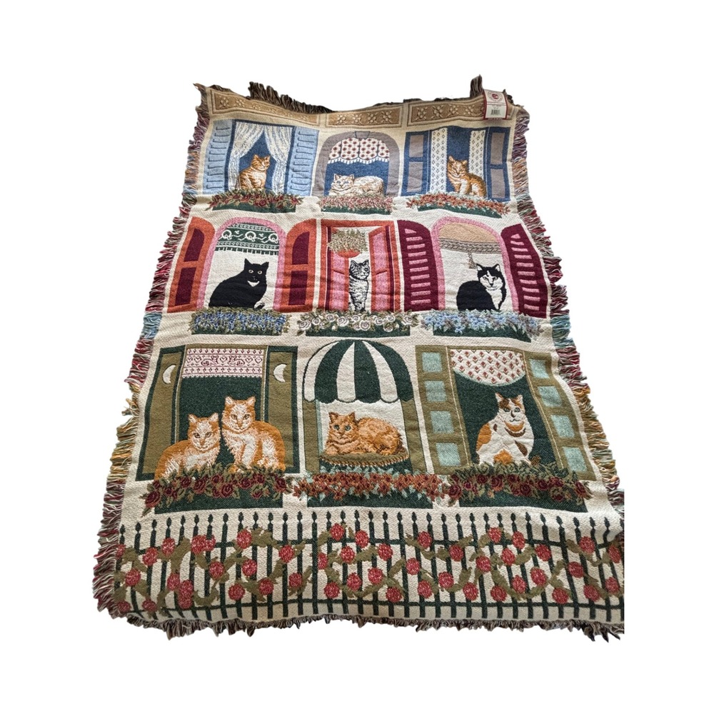 The Rug Barn Kitty Windows Cotton Woven Throw Blanket 46x67 Vintage 1993 USA New